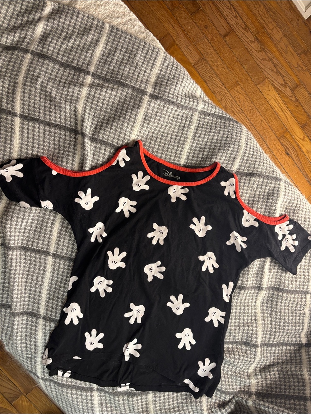 Disney Black Cold-Shoulder Top with White Mickey Glove Print and Red Trim